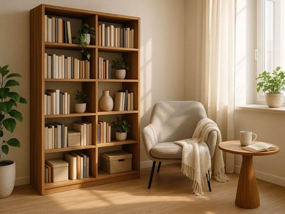 modern living room solid wood bookshelf reading nook