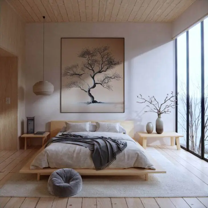 a japandi bedroom with Japanese-inspired artwork
