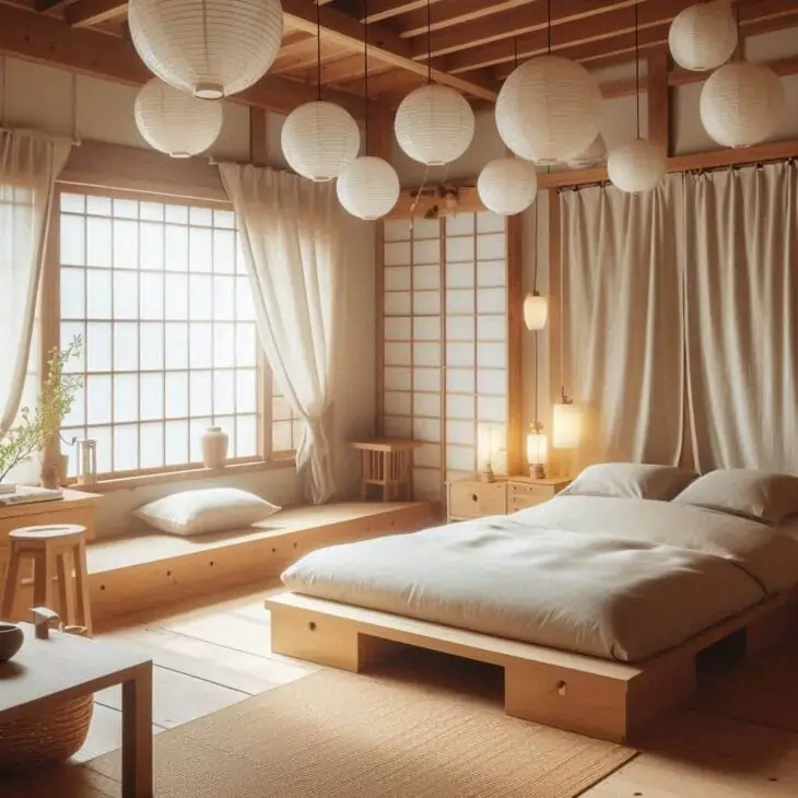 a japandi bedroom with a cozy area rug