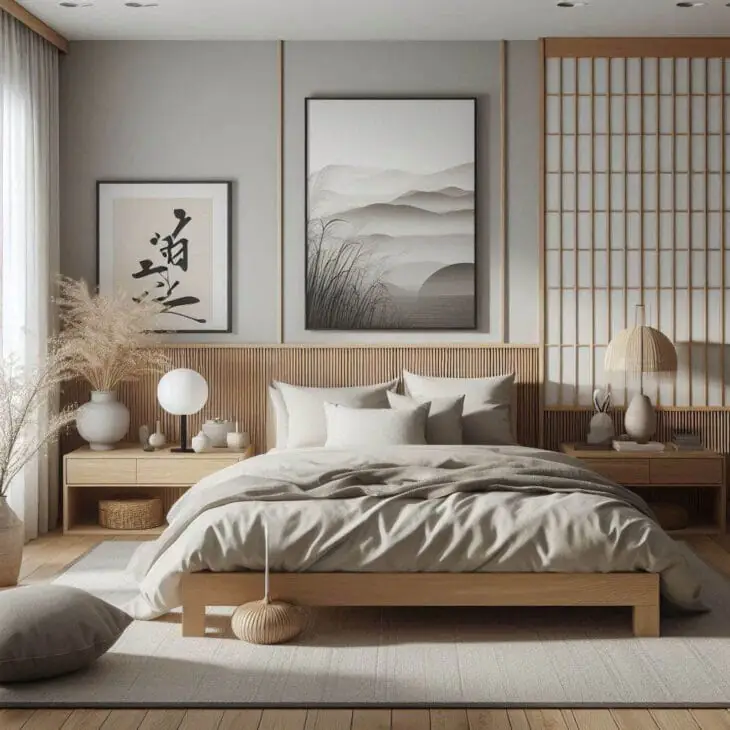 a japandi bedroom with a low bed frame