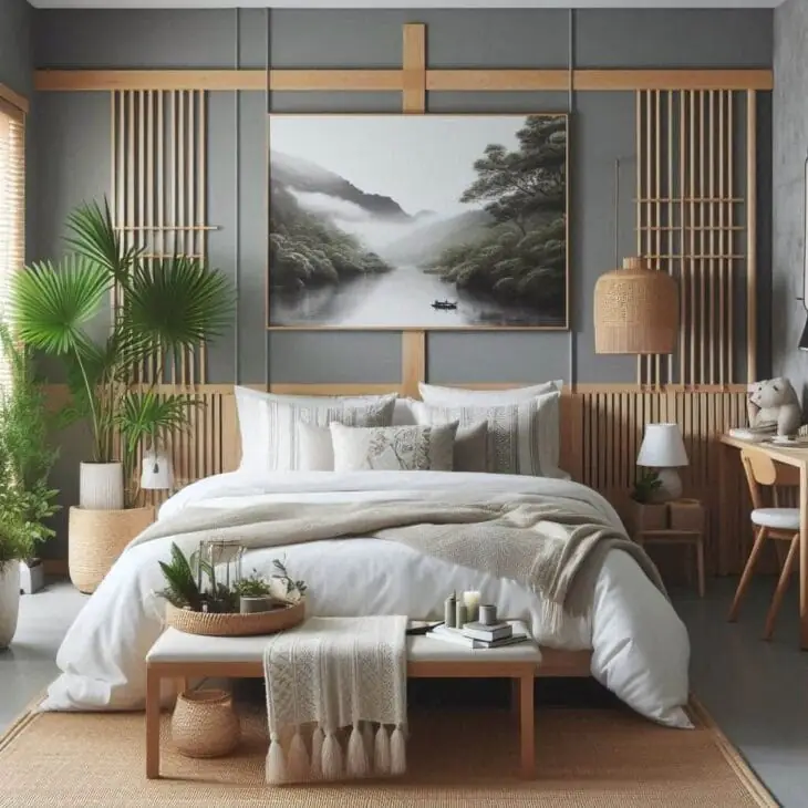 a japandi bedroom with natural beddings and textiles
