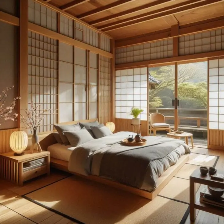 a japandi style bedroom with a comfy chair and a lamp