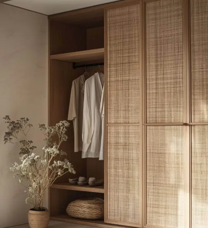 a japandi style bedroom with a minimalist closet system