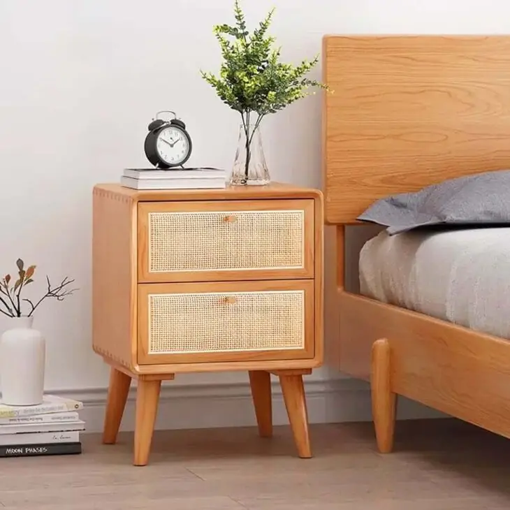 a japandi style bedroom with a minimalist nightstand