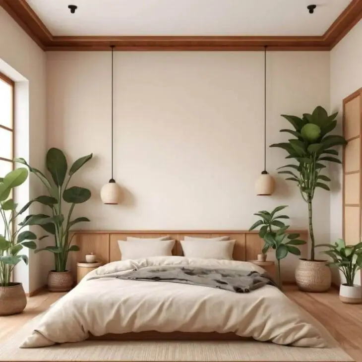 a japandi style bedroom with indoor plants