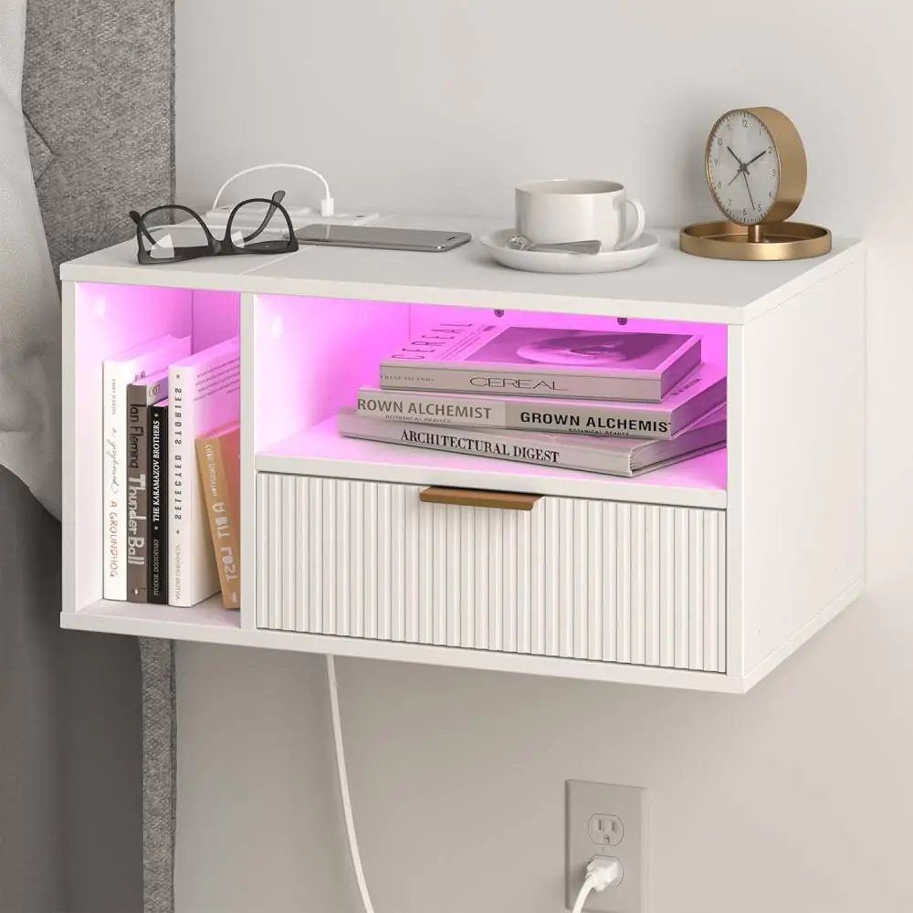 White Floating Nightstand with LED Lights