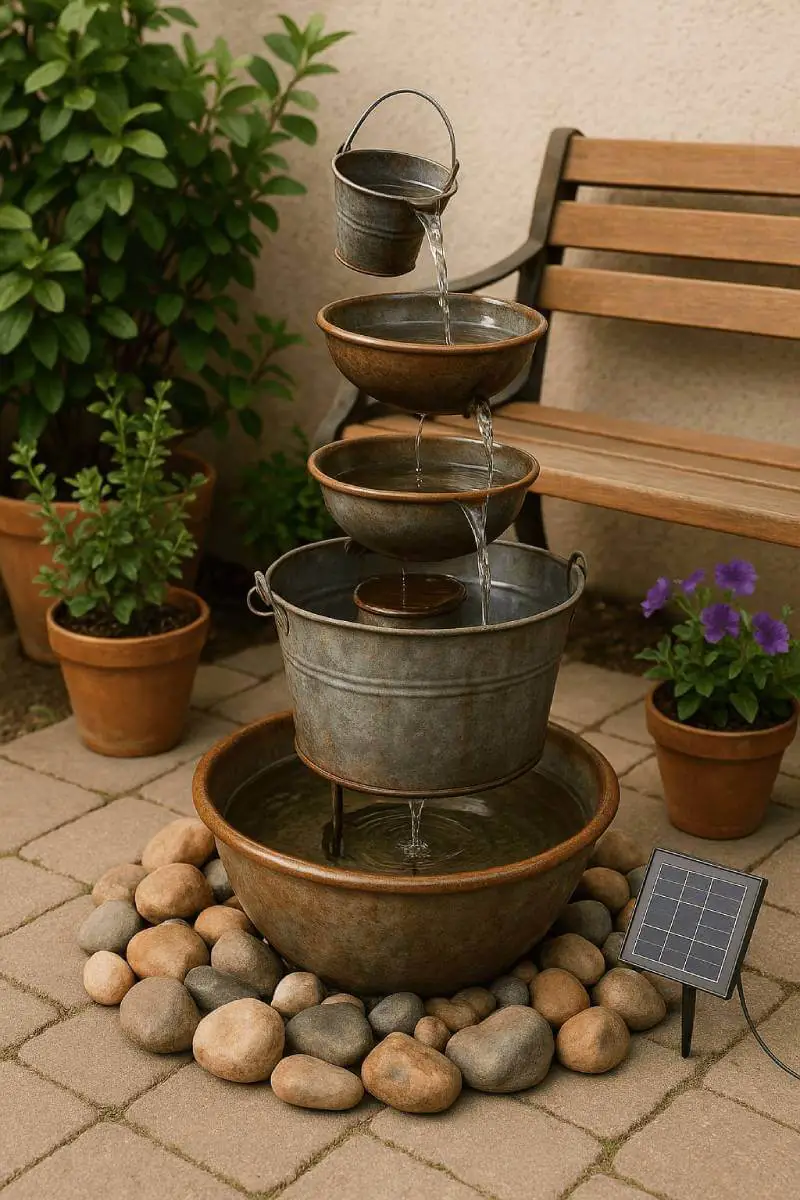 diy budget water fountain in an outdoor patio