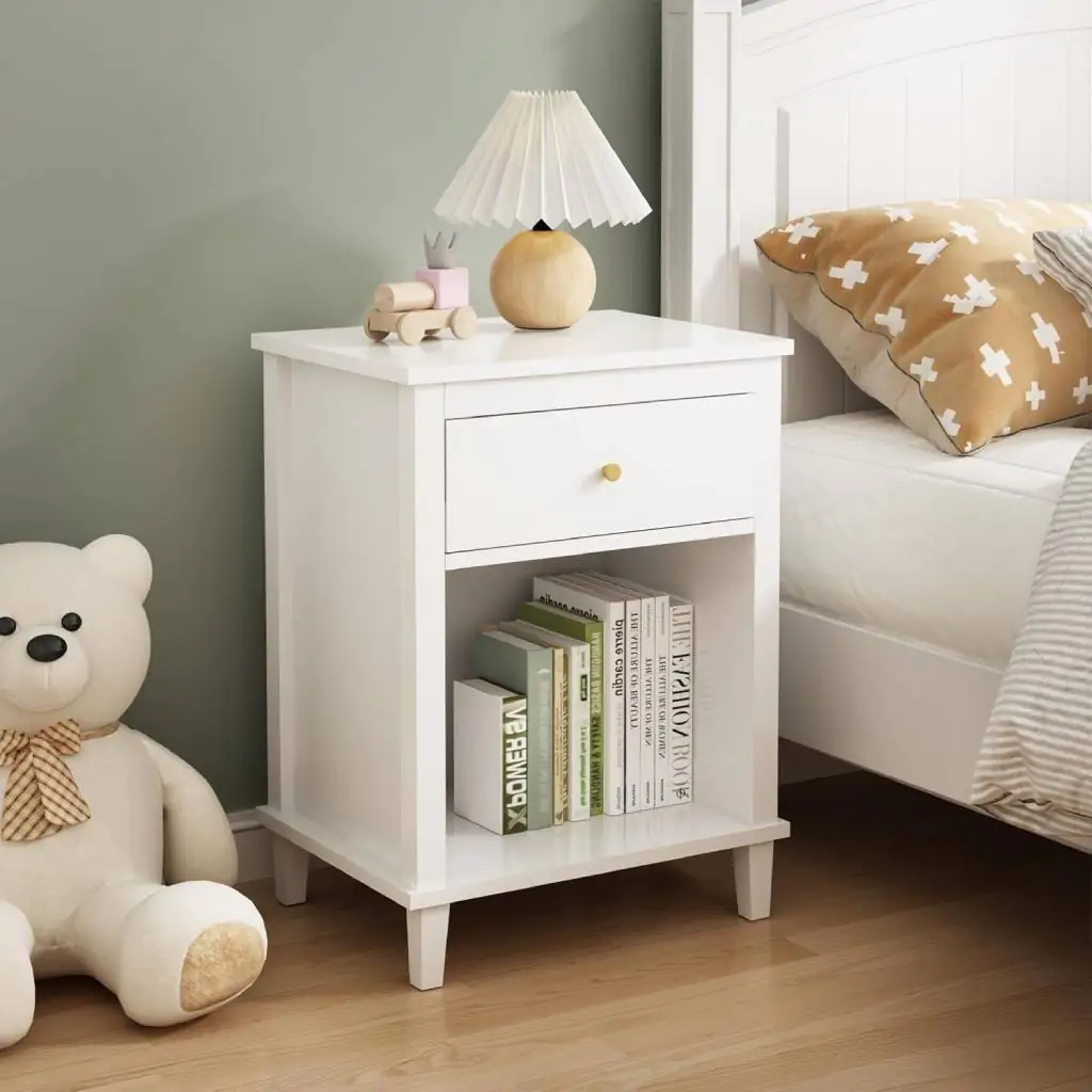 modern kids white nightstand with drawer and shelf