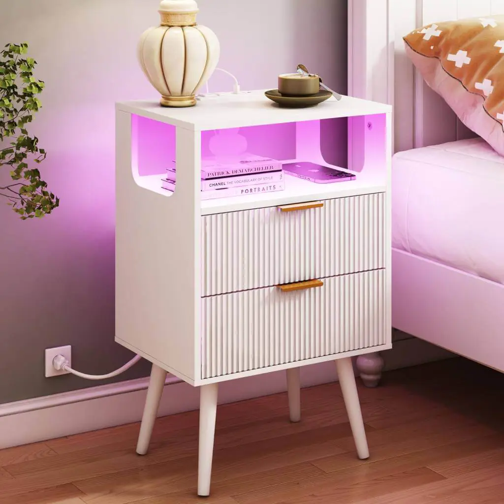 modern white nightstand with charging and led