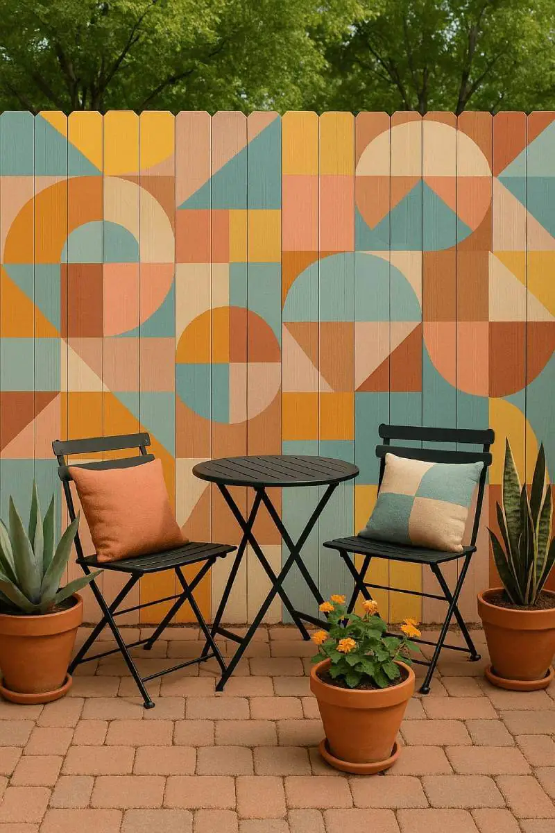 outdoor patio ideas paint mural geometric fence