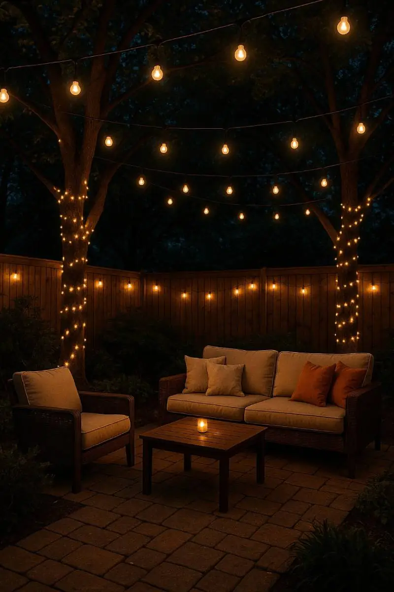 outdoor patio ideas string lights for ambience