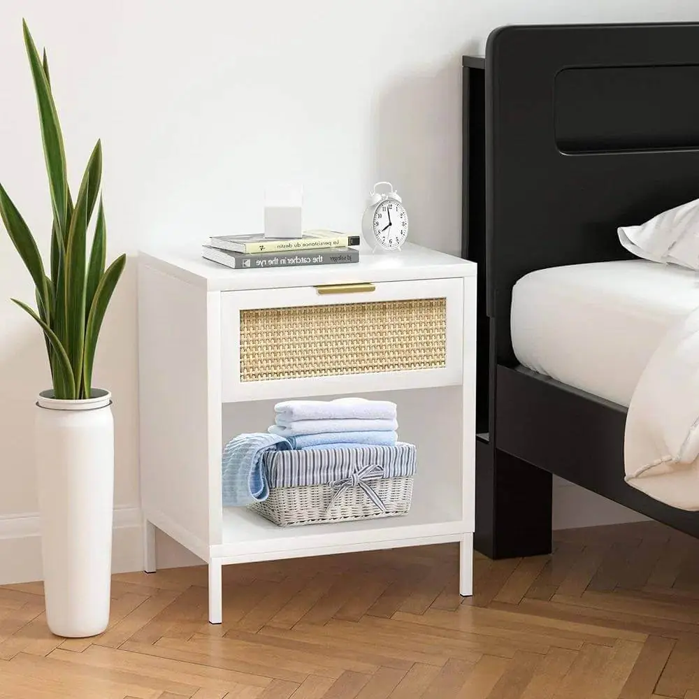 salome white rattan nightstand with shelf