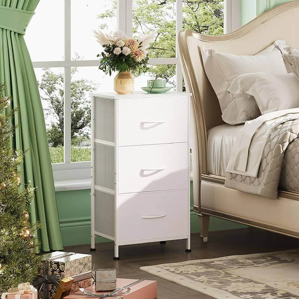 wlive tall white nightstand with 3 fabric drawers