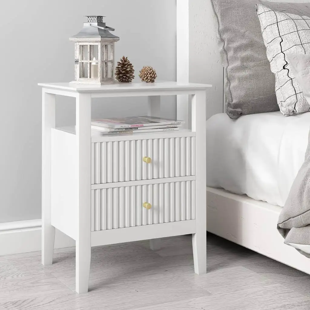 woodem fluted white nightstand with drawers