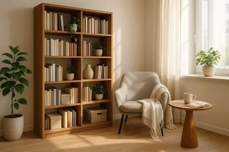 modern living room solid wood bookshelf reading nook